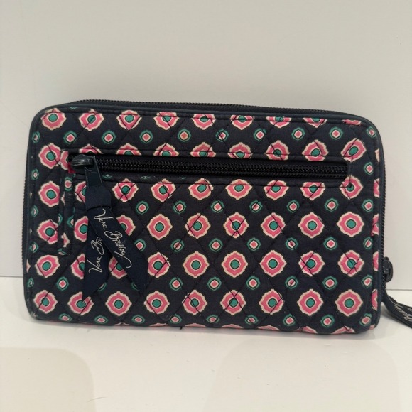 Vera Bradley Petal Paisley Quilted Cotton Turnlock Zip Around Wallet Navy Pink - Picture 2 of 6